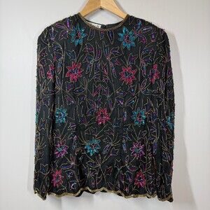 JMD New‎ York Vintage Black Silk Beaded Sequin Floral Evening Blouse Top